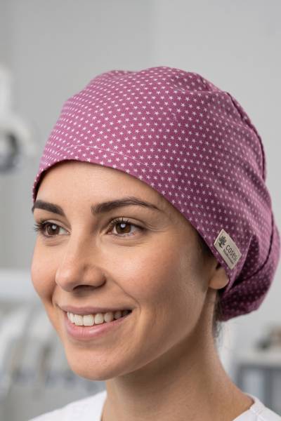 Touca cirúrgica Dorothea malva com estrelinhas para cabelo comprido